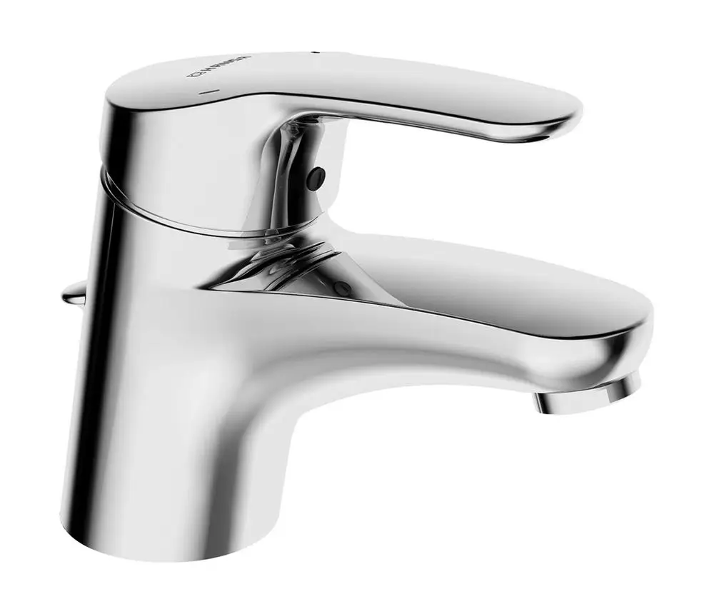 Einhebelmischer mit Zugstangenablaufgarnitur aus verchromtem Metall. Design von HANSA, geeignet für die Montage an einem Waschbecken.